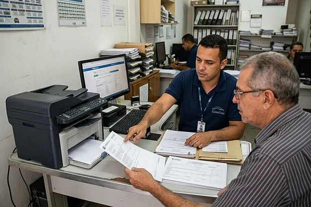 Profissional de despachante auxilia cliente na impressão do CRLV-e em Belford Roxo.